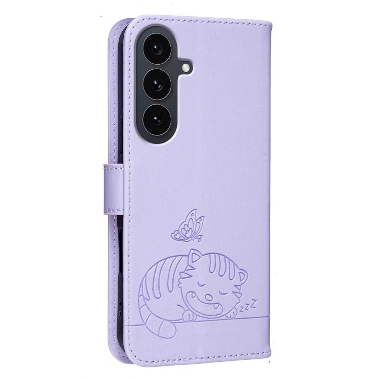 For Galaxy S25 FE 5G Cat Butterfly Embossed RFID Vegan Leather Phone Case with Strap