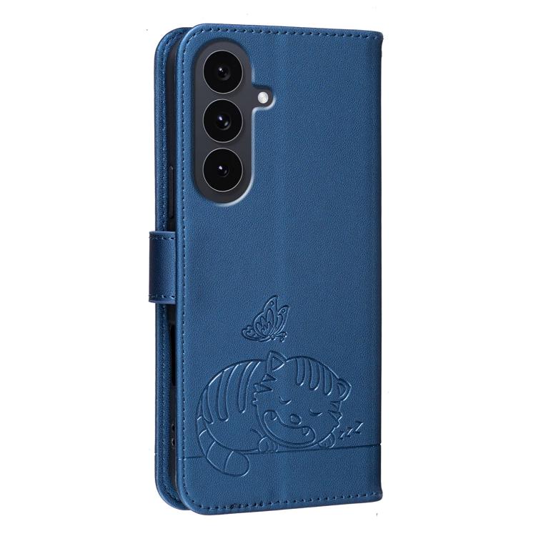 For Galaxy S25 FE 5G Cat Butterfly Embossed RFID Vegan Leather Phone Case with Strap