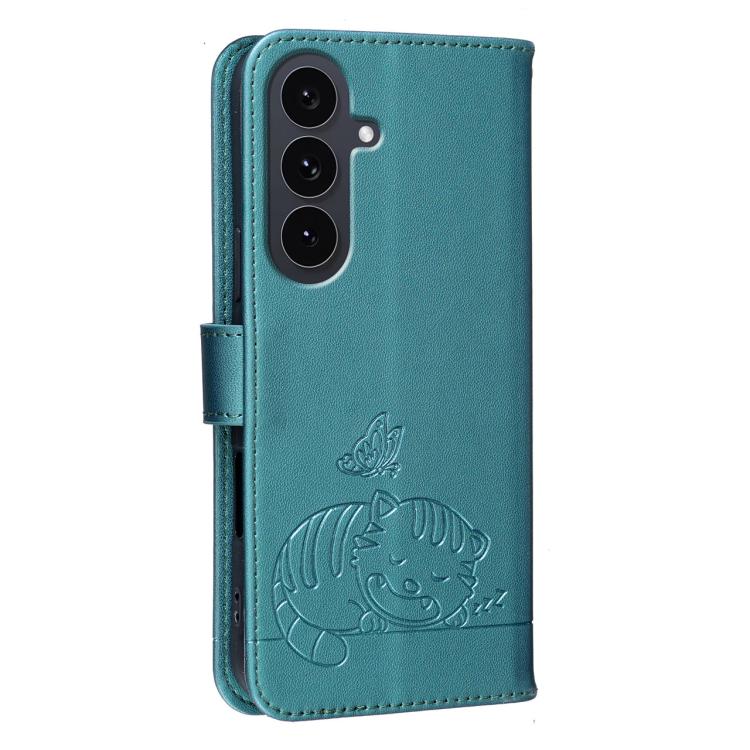 For Galaxy S25 FE 5G Cat Butterfly Embossed RFID Vegan Leather Phone Case with Strap