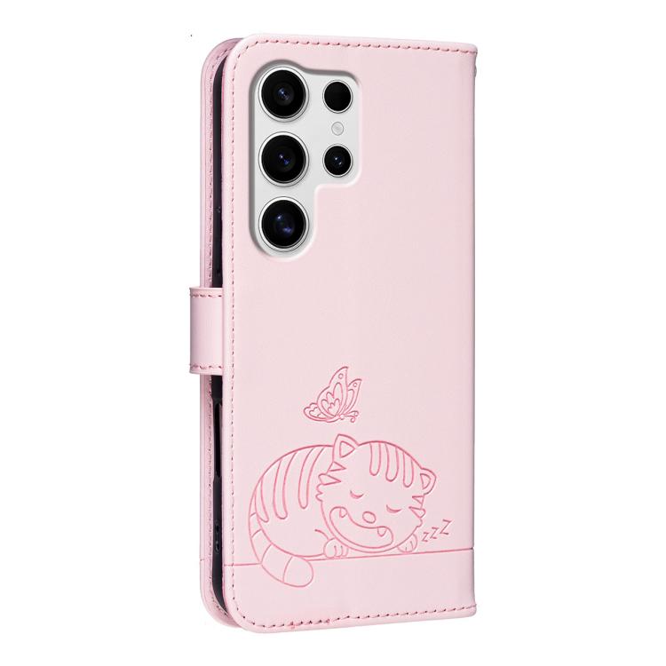 For Galaxy S25 Ultra 5G Cat Butterfly Embossed RFID Vegan Leather Phone Case with Strap