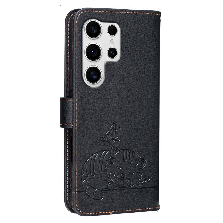 For Galaxy S25 Ultra 5G Cat Butterfly Embossed RFID Vegan Leather Phone Case with Strap