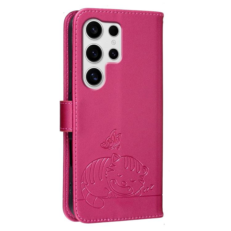 For Galaxy S25 Ultra 5G Cat Butterfly Embossed RFID Vegan Leather Phone Case with Strap