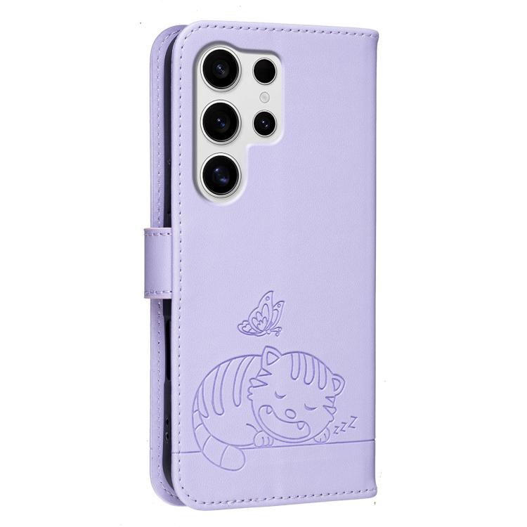 For Galaxy S25 Ultra 5G Cat Butterfly Embossed RFID Vegan Leather Phone Case with Strap