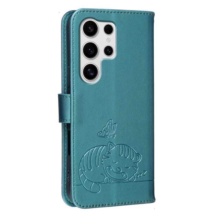 For Galaxy S25 Ultra 5G Cat Butterfly Embossed RFID Vegan Leather Phone Case with Strap