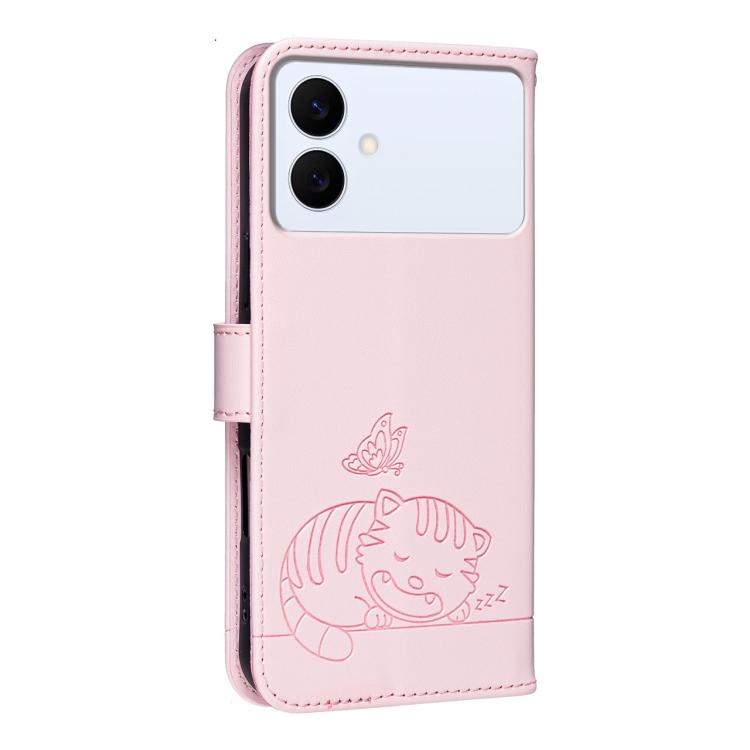 For Galaxy S26 Edge 5G Cat Butterfly Embossed RFID Vegan Leather Phone Case with Strap