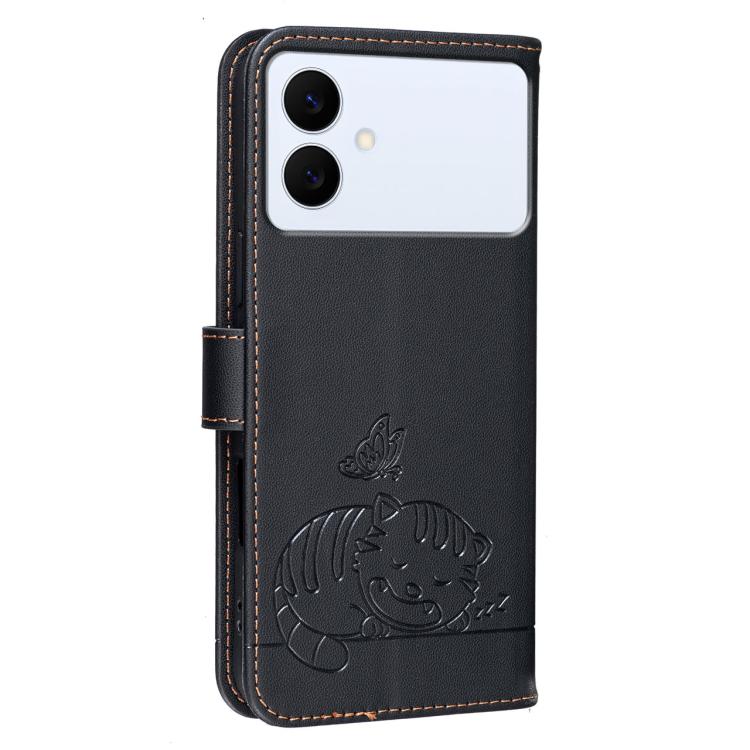 For Galaxy S26 Edge 5G Cat Butterfly Embossed RFID Vegan Leather Phone Case with Strap