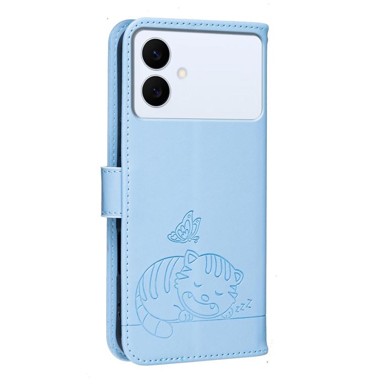 For Galaxy S26 Edge 5G Cat Butterfly Embossed RFID Vegan Leather Phone Case with Strap