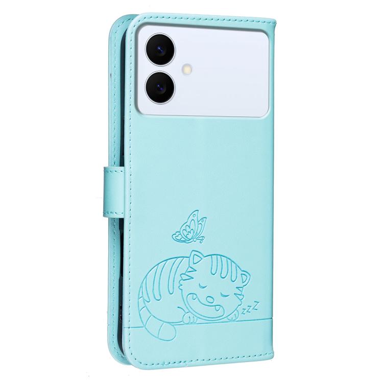 For Galaxy S26 Edge 5G Cat Butterfly Embossed RFID Vegan Leather Phone Case with Strap