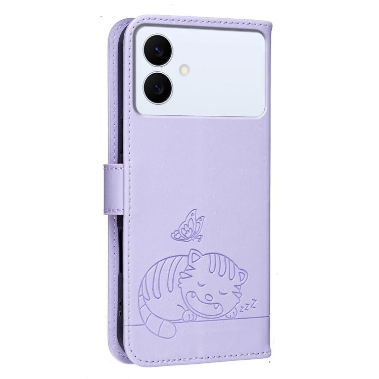 For Galaxy S26 Edge 5G Cat Butterfly Embossed RFID Vegan Leather Phone Case with Strap