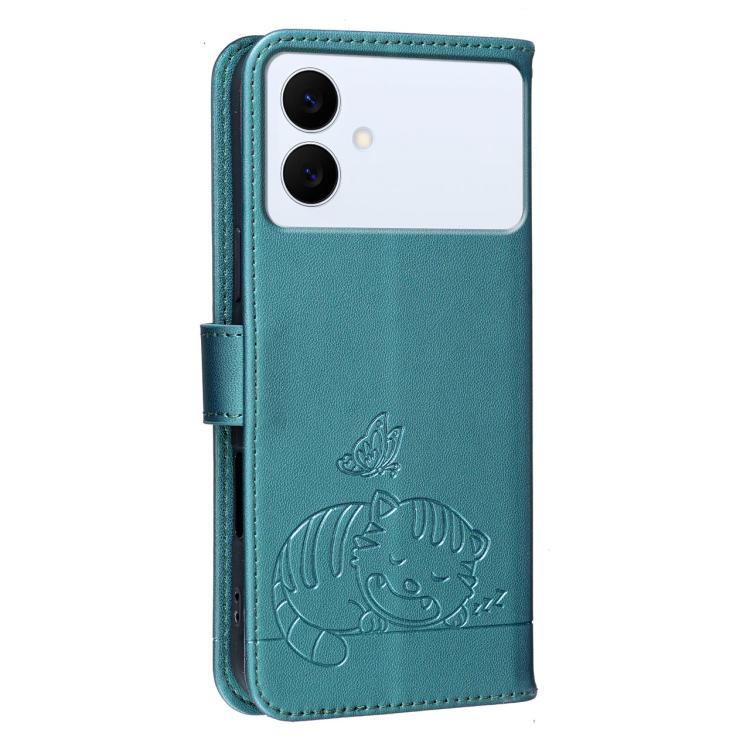 For Galaxy S26 Edge 5G Cat Butterfly Embossed RFID Vegan Leather Phone Case with Strap