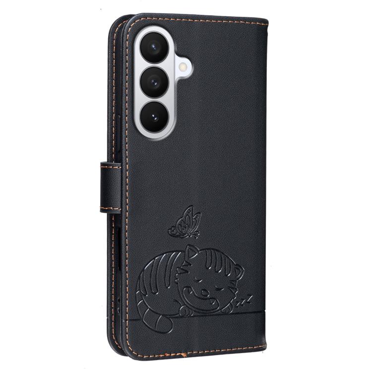 For Galaxy S26 5G Cat Butterfly Embossed RFID Vegan Leather Phone Case with Strap