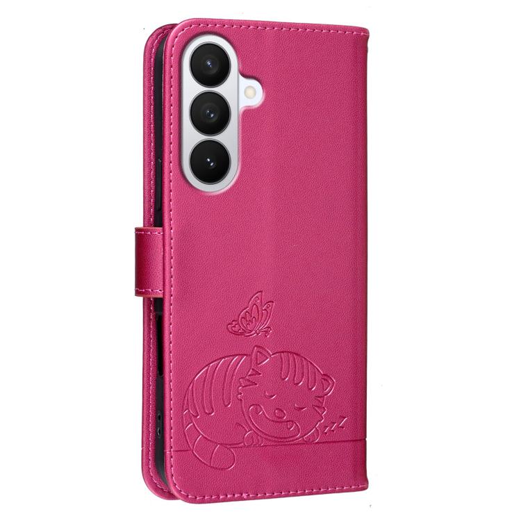 For Galaxy S26 5G Cat Butterfly Embossed RFID Vegan Leather Phone Case with Strap