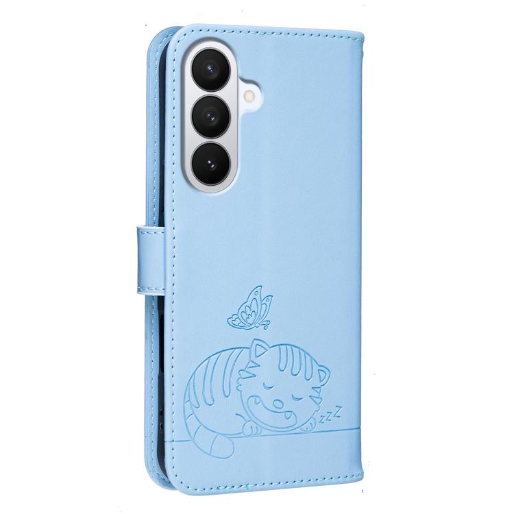 For Galaxy S26 5G Cat Butterfly Embossed RFID Vegan Leather Phone Case with Strap
