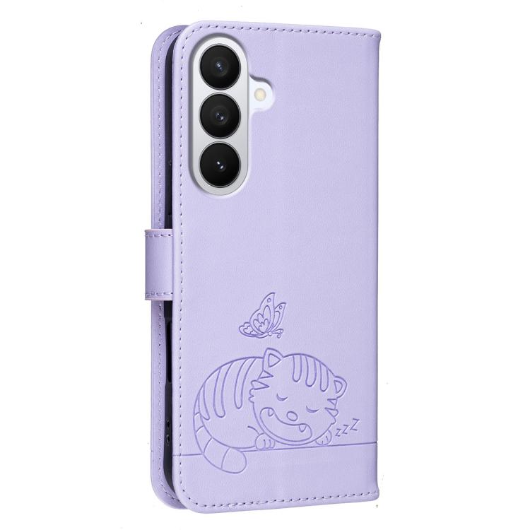 For Galaxy S26 5G Cat Butterfly Embossed RFID Vegan Leather Phone Case with Strap