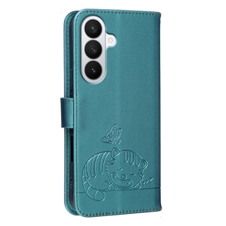 For Galaxy S26 5G Cat Butterfly Embossed RFID Vegan Leather Phone Case with Strap