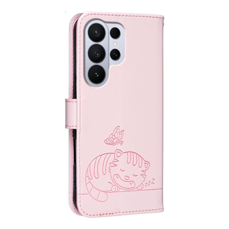 For Galaxy S26 Ultra 5G Cat Butterfly Embossed RFID Vegan Leather Phone Case with Strap