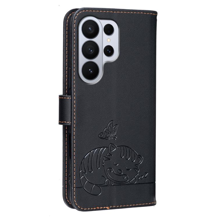 For Galaxy S26 Ultra 5G Cat Butterfly Embossed RFID Vegan Leather Phone Case with Strap