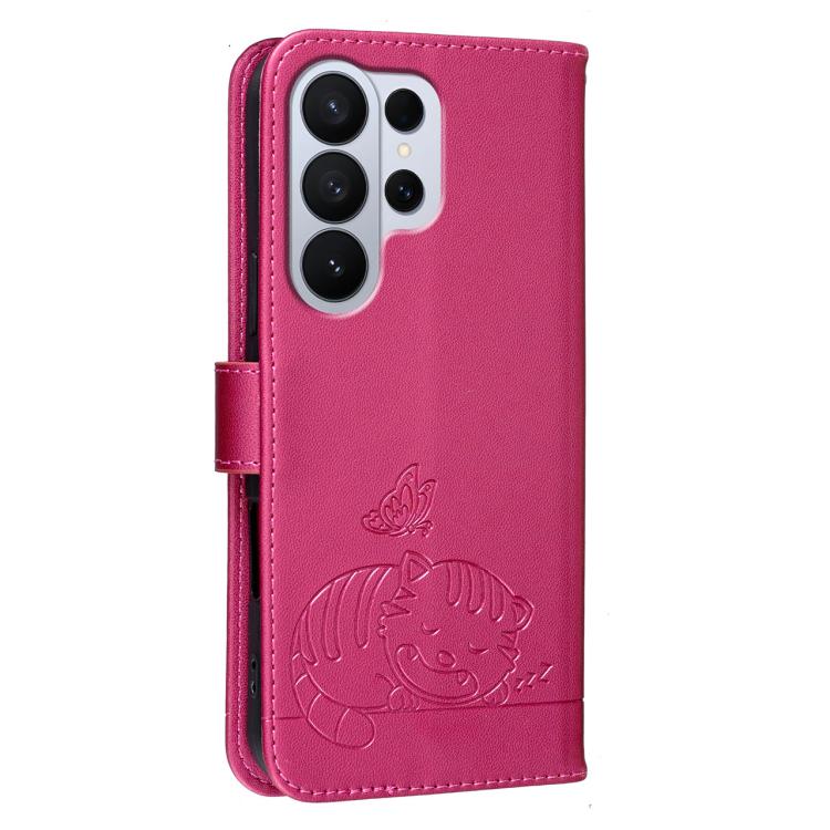 For Galaxy S26 Ultra 5G Cat Butterfly Embossed RFID Vegan Leather Phone Case with Strap