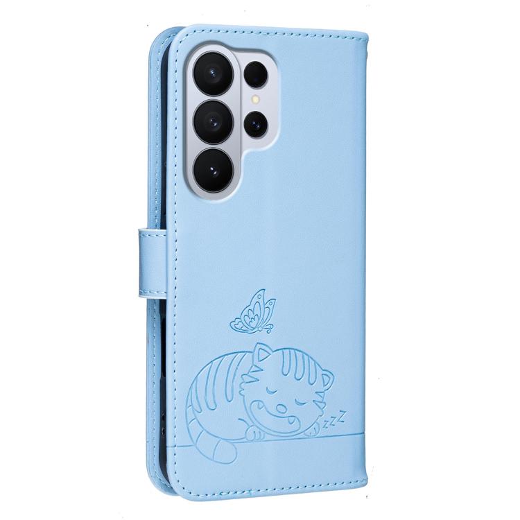 For Galaxy S26 Ultra 5G Cat Butterfly Embossed RFID Vegan Leather Phone Case with Strap