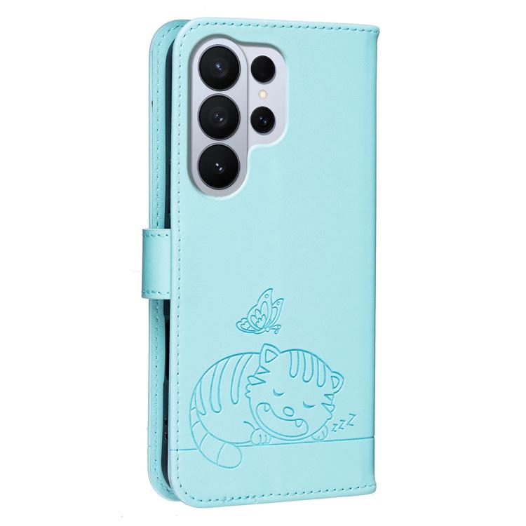 For Galaxy S26 Ultra 5G Cat Butterfly Embossed RFID Vegan Leather Phone Case with Strap