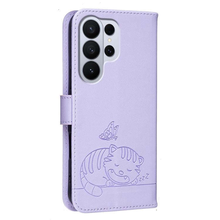 For Galaxy S26 Ultra 5G Cat Butterfly Embossed RFID Vegan Leather Phone Case with Strap