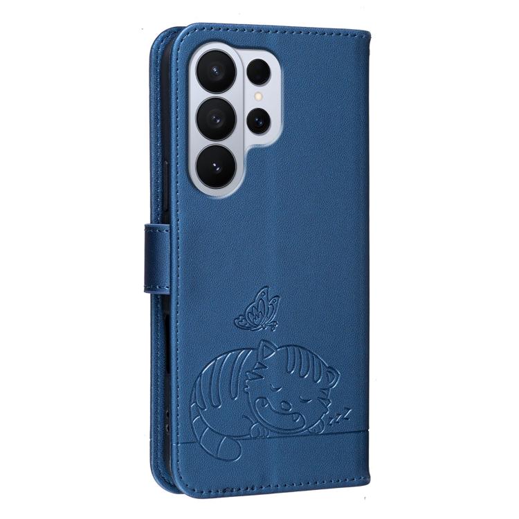 For Galaxy S26 Ultra 5G Cat Butterfly Embossed RFID Vegan Leather Phone Case with Strap