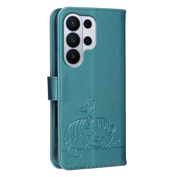 For Galaxy S26 Ultra 5G Cat Butterfly Embossed RFID Vegan Leather Phone Case with Strap