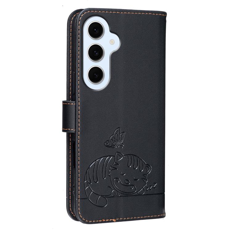 For Galaxy S26 FE 5G Cat Butterfly Embossed RFID Vegan Leather Phone Case with Strap