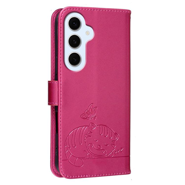 For Galaxy S26 FE 5G Cat Butterfly Embossed RFID Vegan Leather Phone Case with Strap