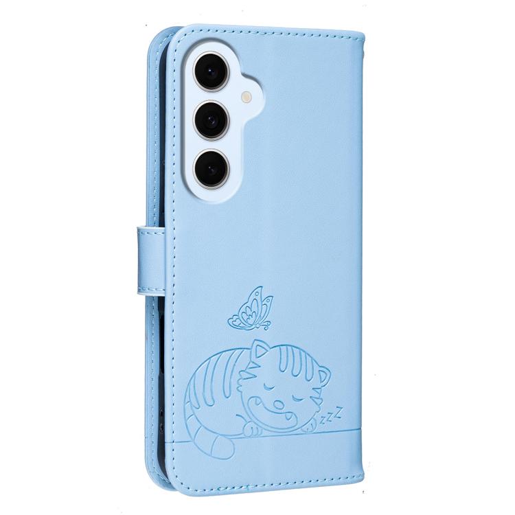 For Galaxy S26 FE 5G Cat Butterfly Embossed RFID Vegan Leather Phone Case with Strap