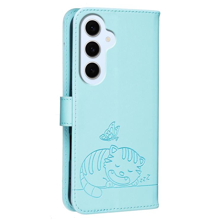 For Galaxy S26 FE 5G Cat Butterfly Embossed RFID Vegan Leather Phone Case with Strap