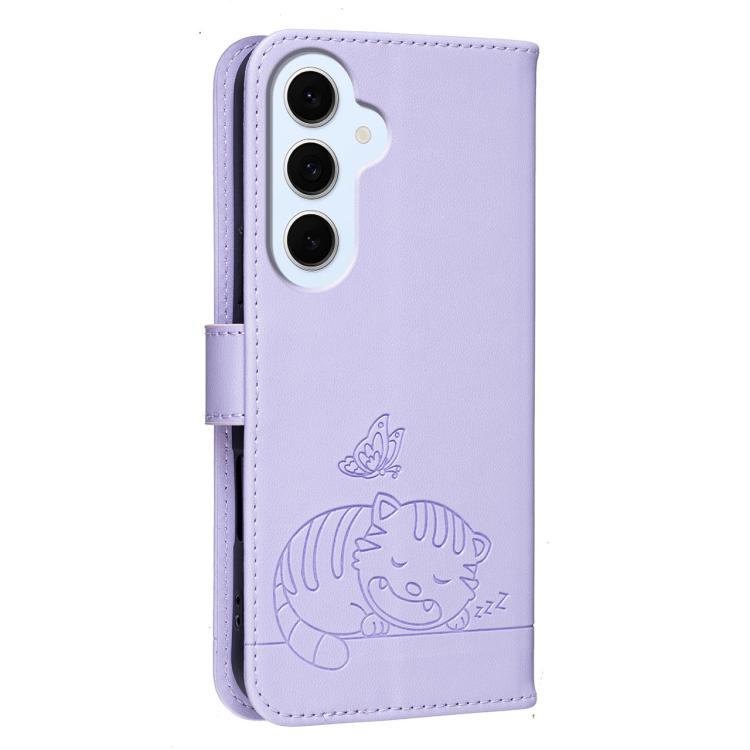 For Galaxy S26 FE 5G Cat Butterfly Embossed RFID Vegan Leather Phone Case with Strap