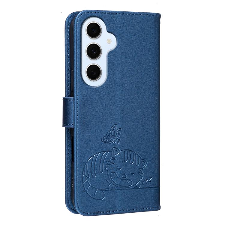 For Galaxy S26 FE 5G Cat Butterfly Embossed RFID Vegan Leather Phone Case with Strap