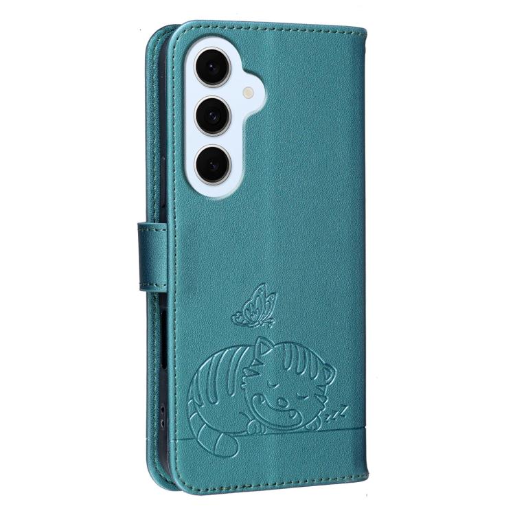 For Galaxy S26 FE 5G Cat Butterfly Embossed RFID Vegan Leather Phone Case with Strap