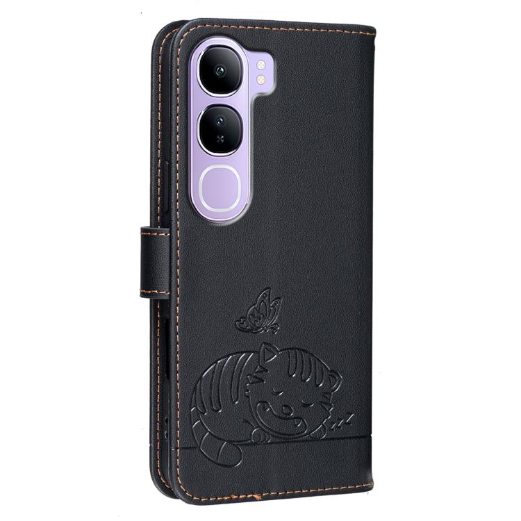 For vivo  V40 Lite 5G IDN Cat Butterfly Embossed RFID Vegan Leather Phone Case with Strap