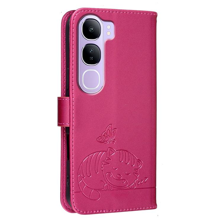 For vivo  V40 Lite 5G IDN Cat Butterfly Embossed RFID Vegan Leather Phone Case with Strap
