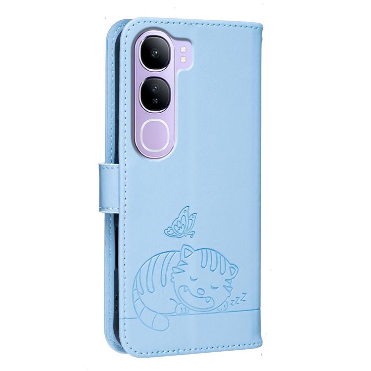 For vivo  V40 Lite 5G IDN Cat Butterfly Embossed RFID Vegan Leather Phone Case with Strap