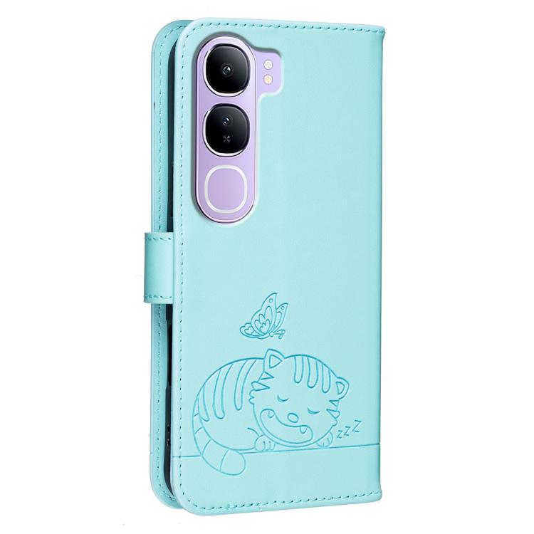 For vivo  V40 Lite 5G IDN Cat Butterfly Embossed RFID Vegan Leather Phone Case with Strap