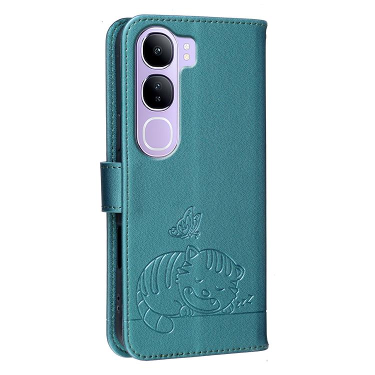 For vivo  V40 Lite 5G IDN Cat Butterfly Embossed RFID Vegan Leather Phone Case with Strap