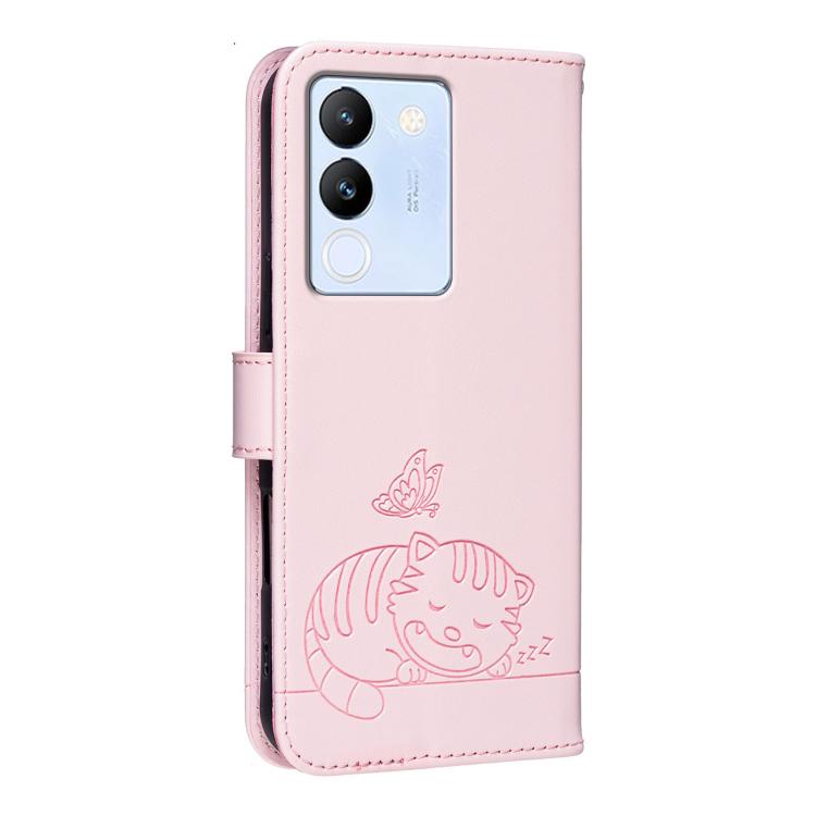 For vivo  V29e / Y200 Cat Butterfly Embossed RFID Vegan Leather Phone Case with Strap