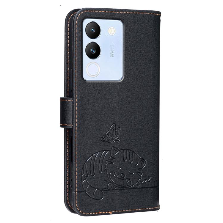 For vivo  V29e / Y200 Cat Butterfly Embossed RFID Vegan Leather Phone Case with Strap