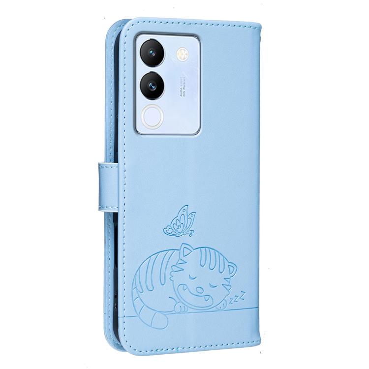 For vivo  V29e / Y200 Cat Butterfly Embossed RFID Vegan Leather Phone Case with Strap