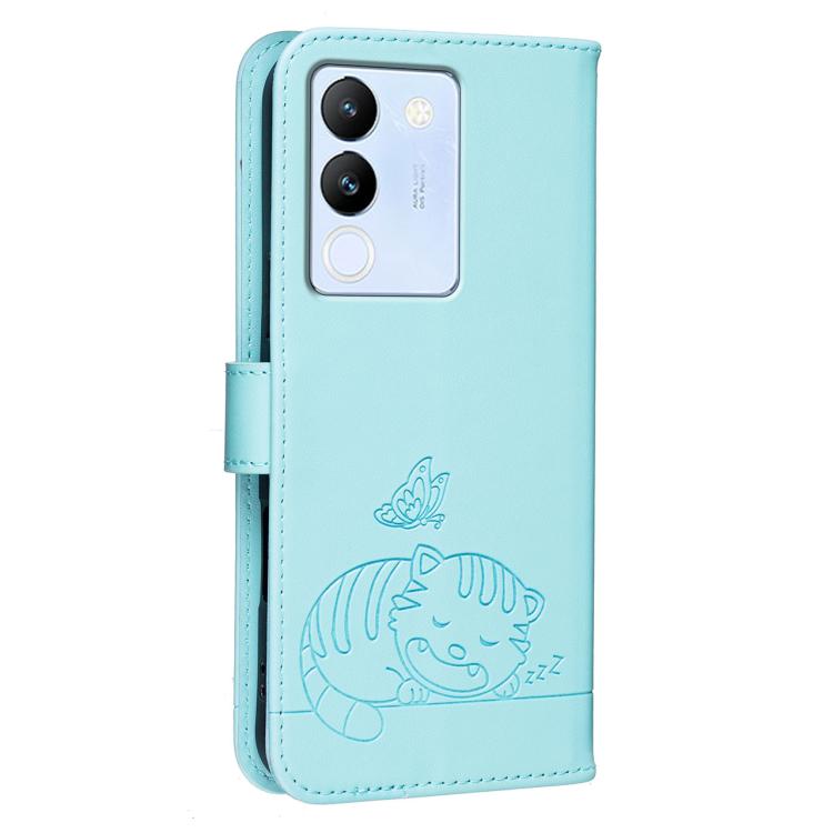 For vivo  V29e / Y200 Cat Butterfly Embossed RFID Vegan Leather Phone Case with Strap