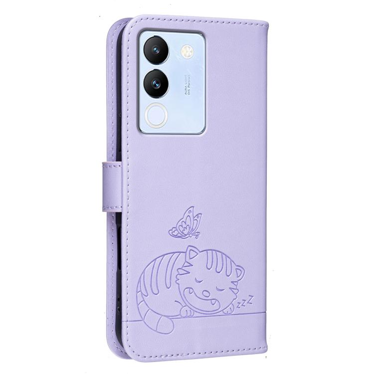 For vivo  V29e / Y200 Cat Butterfly Embossed RFID Vegan Leather Phone Case with Strap
