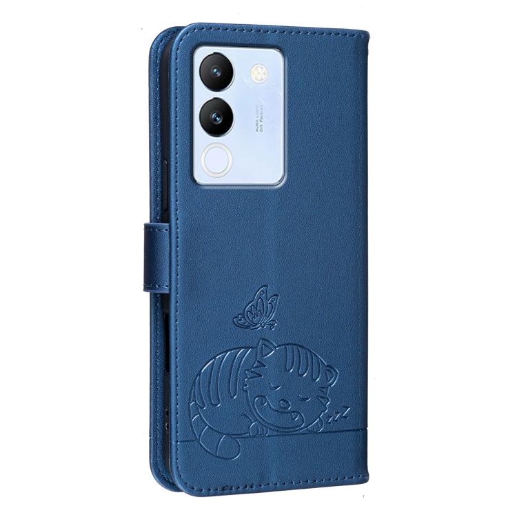 For vivo  V29e / Y200 Cat Butterfly Embossed RFID Vegan Leather Phone Case with Strap