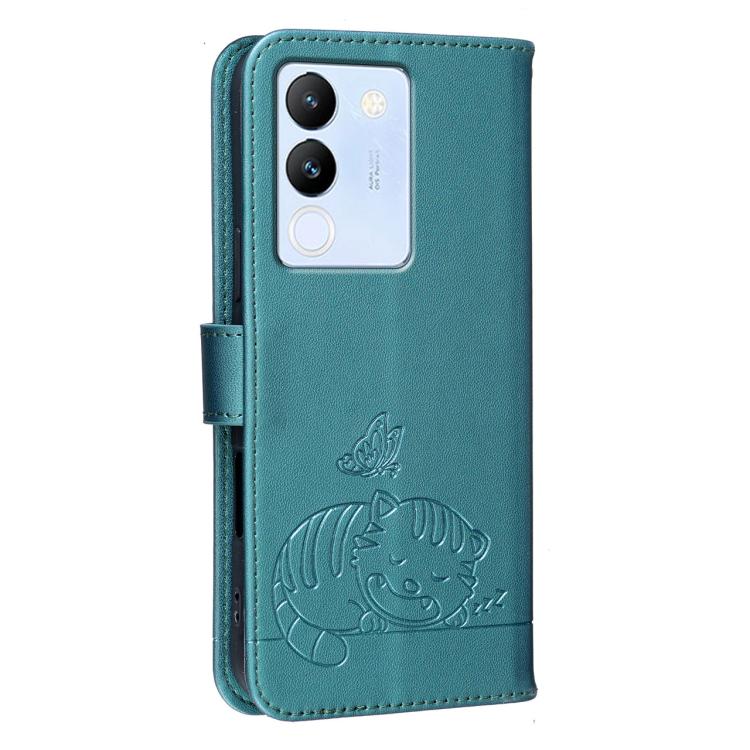 For vivo  V29e / Y200 Cat Butterfly Embossed RFID Vegan Leather Phone Case with Strap