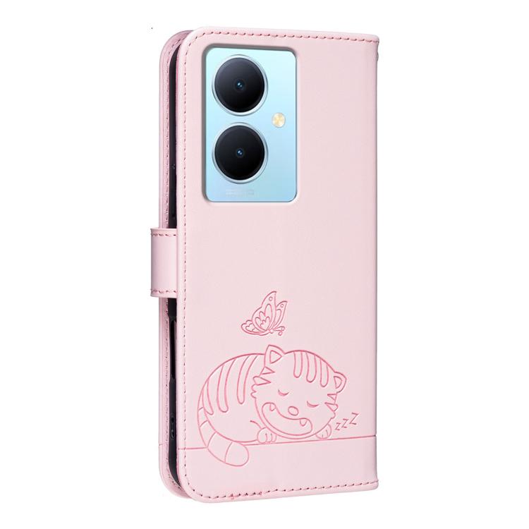 For vivo Y78 5G / Y78+ Cat Butterfly Embossed RFID Vegan Leather Phone Case with Strap