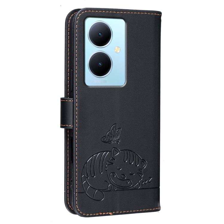 For vivo Y78 5G / Y78+ Cat Butterfly Embossed RFID Vegan Leather Phone Case with Strap
