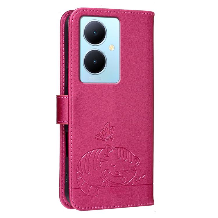 For vivo Y78 5G / Y78+ Cat Butterfly Embossed RFID Vegan Leather Phone Case with Strap