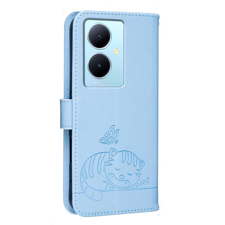 For vivo Y78 5G / Y78+ Cat Butterfly Embossed RFID Vegan Leather Phone Case with Strap
